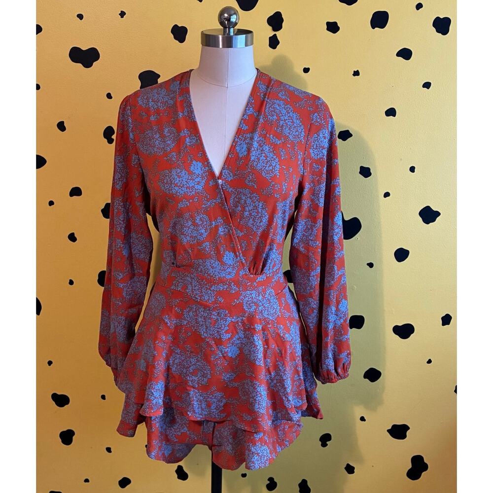 Floral Romper Orange Blue Wrap Style Ruffle Hem Tie Waist Romantic Cottagecore
